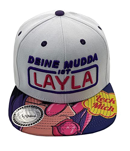 Outfitfabrik Snapback Cap Deine Mudda ist Layla in weiß/lila mit Lollipop-Schirm und 3D-Stick (Provokation, Statement) für Herren und Damen, One Size, verstellbar