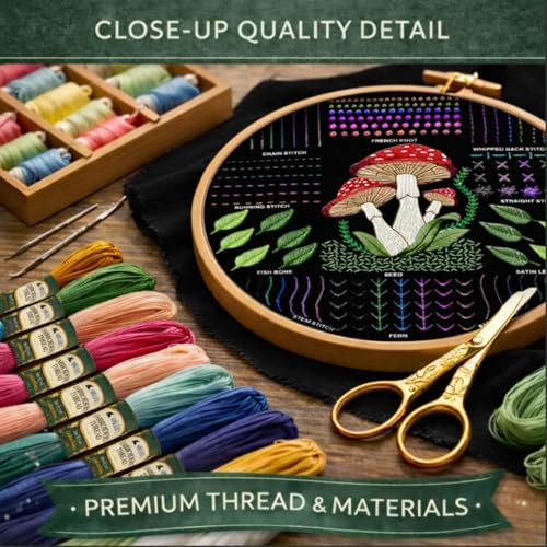 Image of Moni Crafts - Embroidery Kit for Beginners Adults - Learn 41 Stitches with Complete Starter Kit, 4 Pre-Printed Patterns, Threads, Needles & Hoop - Hand Embroidery Kit with Video Tutorials