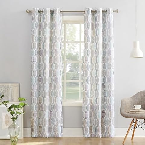 No. 918 Mikko Leaf Print Semi-Sheer Grommet Curtain Panel, 40" x 63, White Cover