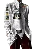 Newspaper Print Shirt for Women Long Sleeve Trendy Graffiti Graphic Blouse Tie Cowl Neck Oversized Y2K Streetwear Grey