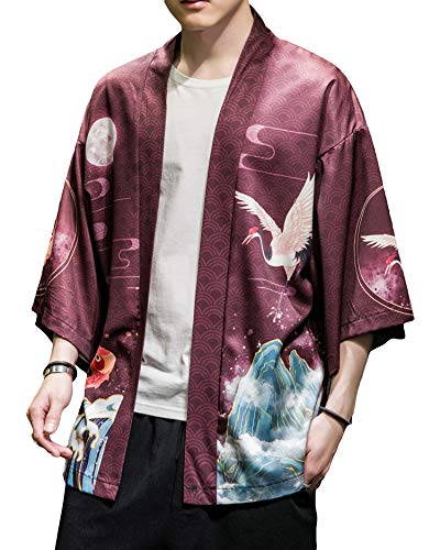 Image of Men's Japanese Kimono Robe Jacket Lightweight 3 /4 Sleeve Open Front Yukata | Silky Smooth Fashion Print Happi Coat Lightweight Breathable Loose Unisex Haori Casual Summer Cardigan Daily Beach Vacation