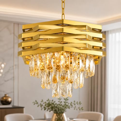 Image of Desidiya Led Modern Crystal 400mm Golden Finish 7 Metal Square Layered 3 Tier Chandelier | Decorative Hanging False Ceiling Led Light for Living Room Ceiling Light Decorative for Drawing Room