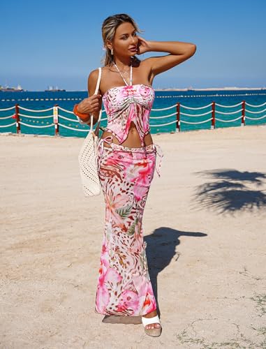 Image of ZAFUL Women 3 Piece Bikini with Cover Up Skirt Halter Bandeau Swimsuit Floral Tie Side Cheeky Bathing Suit