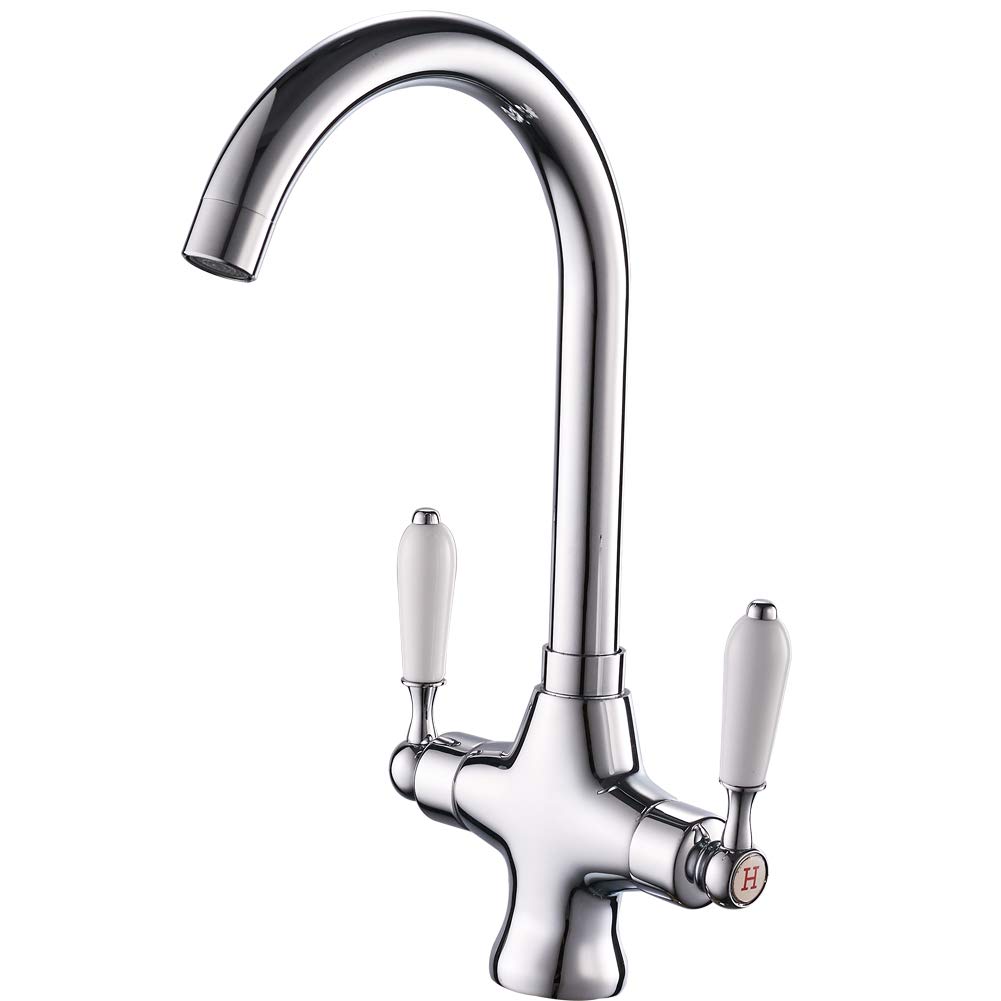 Traditional Kitchen Sink Faucet Two Handle Mixer Tap Swivel Spout Hot & Cold Water Supported Deck Mounted Kitchen Faucet Chrome Finished