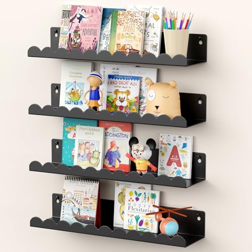 Image of Gattlukd Nursery Book Shelves, 17 Inch Metal Floating Shelves for Wall 4 Pack, Scalloped Shelves, Wall Mounted Book Shelf for Kids Bedroom, Baby Room, Nursery Decor （Black）