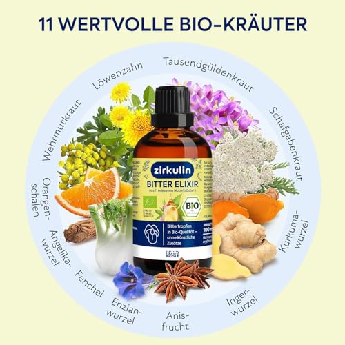 Zirkulin Bitter-Elixir – Bio Bittertropfen 100ml - Bitterstoffe aus 11 erlesenen Kräutern 4-8:1 Extrakt – Hildegard von Bingen – vegan, zuckerfrei – Reichweite 3600 Tropfen