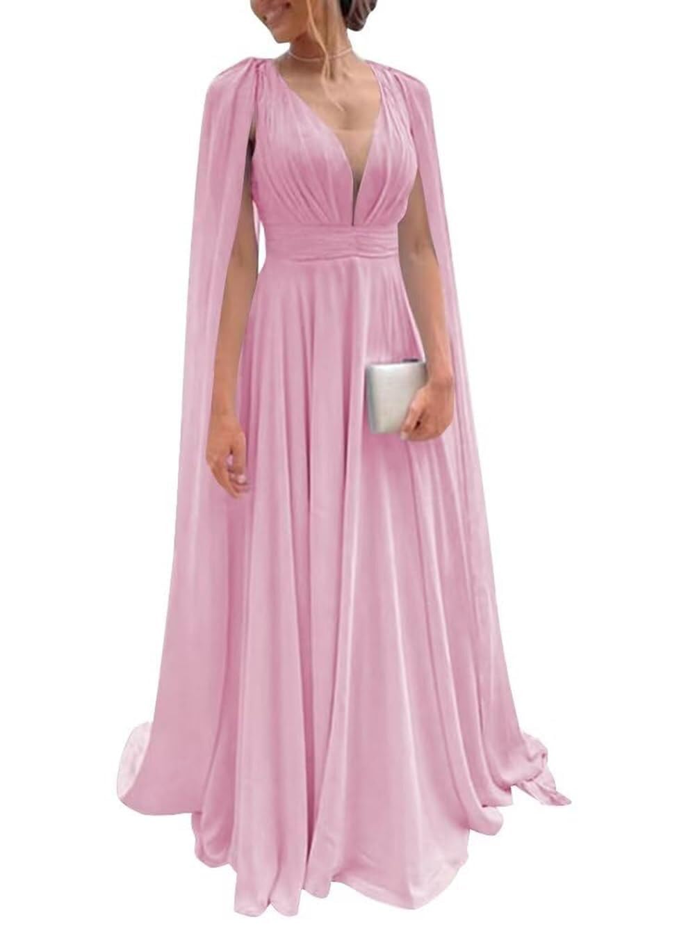 Chiffon Bridesmaid Dress for Women Cape Sleeve V-Neck Formal Evening Gowns with Pocket LBC020