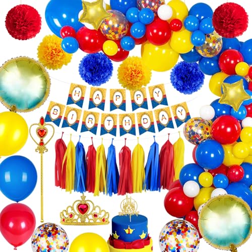 Décoration Anniversaire Fille Blanc Neige, Kit Anniversaire Rouge Jaune Bleu avec 3D Feuille Confetti Ballons Pompoms Tesstel Bannière Crown Magic pour Fête Décoration Bébé Enfants 1 2 3 4 5 6 7 Ans
