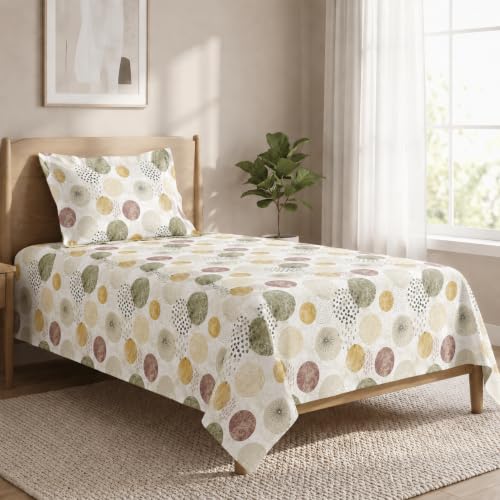 Image of LANE LINEN Symphony | 100% Cotton Sheet Set | Soft & Breathable Fabric | 2 Piece (1 Bedsheet + 1 Pillow Cover) | Single Bed Sheet Set - Geometric Circle Pattern