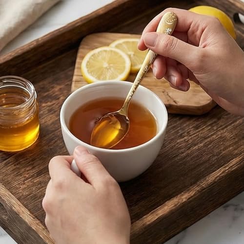 Image of 8 inch Aurum Gold Silverware Dinner Spoons with Floral Printed Handle | 5-Piece Premium Stainless Steel Flatware Set | Dishwasher Safe Cutlery Set for Home, Restaurant & Gifting