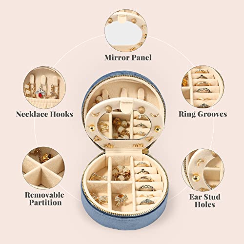 Dajasan Velvet Travel Jewelry Boxes, Mini Travel Jewelry Case, Small Portable Travel Jewelry Organizer Box With Mirror For Women Girls(Blue #TOP3