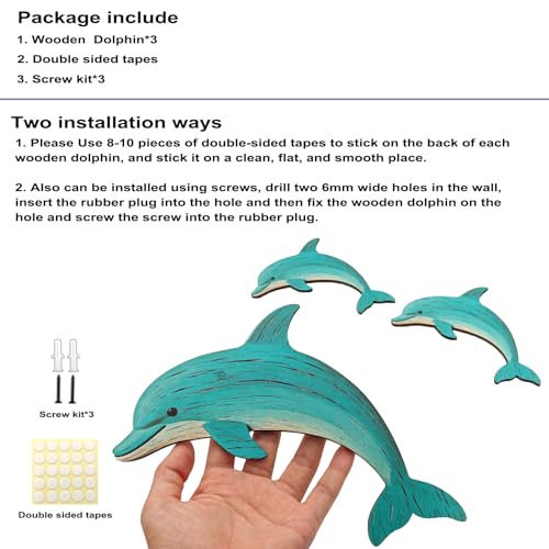 Goodangie00 3ピース 木製 海 イルカ 壁アート 装飾 - 9.85インチ 海洋動物 ビーチ テーマ ヴィンテージ 海岸 吊り下げ 装飾 ホームガーデン 農家 プール 湖 バスルーム ギフト (2サイズ) [4]
