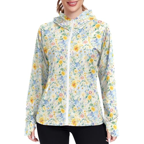 Womens Sun Protection Hoodie Jacket Lightweight Zip Up Jackets for Women UPF 50+ Clothing for Hiking Golf Cycling XL Wildflower Florals