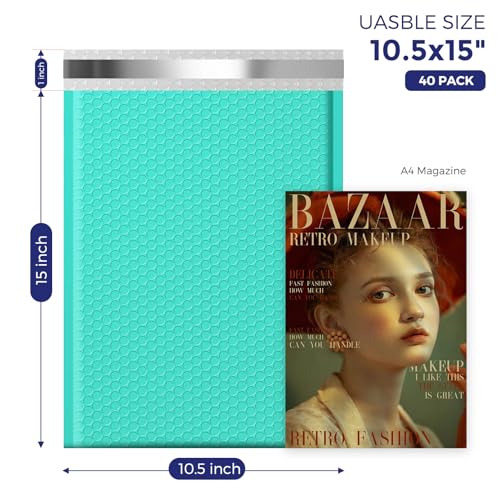 Image of Fuxury Bubble Mailers 10.5x16 Inch 40 Pack Self Seal Padded Envelopes | Large Shipping Envelope,Usable Size 10.5x15 inch,Padded Mailers,waterproof,Teal,#5,ideal for clothing,book and small business