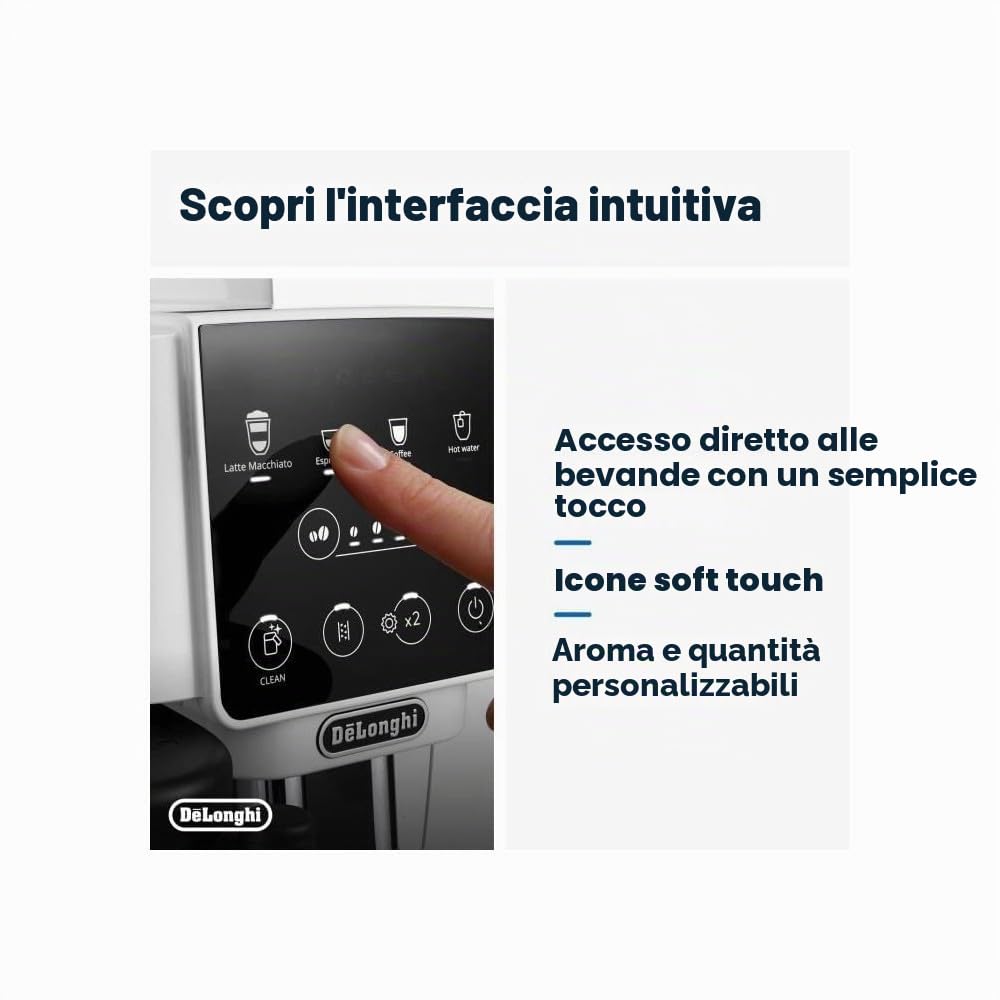 De'Longhi Magnifica Start ECAM220.61.W, Macchina Caffè Automatica dal Chicco alla Tazza, 4 Ricette One-Touch, Sistema Latte Crema Hot, Montatore Automatico Latte, Pannello Controllo Soft-Touch, Bianco