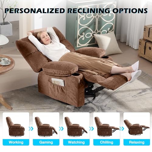 Image of MAHOMICO Recliner Chair Oversized Swivel Rocker with Vibration Massage & Lumbar Heating, 360 Swivel, USB Charging Port, Cup Holders & Side Pocket for Living Room