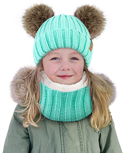Simplicity Kids Cute Pom Pom Winter Beanie Hat and Scarf Set for Boys Girls Kids Knitted Fleece Lined Skull Scarf Set