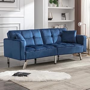 civama Futon Sofa Bed, Velvet 76″ Twin Size Couch with 2 Pillows, 3-Seater 3 Angles Convertible Tufted Loveseat Sleeper for Living Room, Modern Upholstered Armrest Folding Futon, Blue, Metal Leg