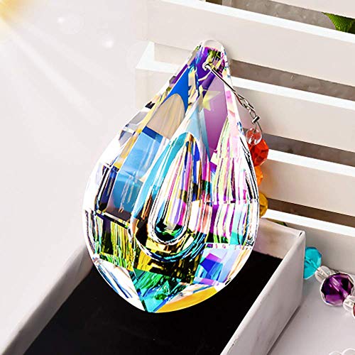 MerryNine Prism, 76mm/3" Ab Color K9 Crystal Colorful Lamp Prisms Loquat Shape Chandelier Glass Crystals Hanging Drops Pendants, Sunshine Catcher Prism Pendent with MerryNine Pearl Yarn Gift Sandbag
