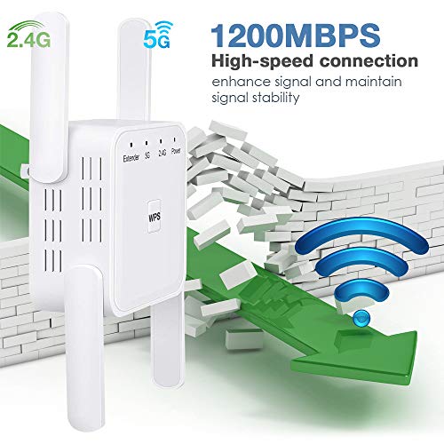 1200Mbps WiFi Booster Range Extender Repeater, 2.4 & 5GHz Dual Band WPS Wireless Signal 4 Antennas 360° Full Coverage, Extend WiFi Signal to Smart Home & Alex Devices (White)