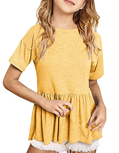 Image of Ebifin Girls Short Sleeve Tops Kids Peplum Babydoll T Shirts Tees 4-15Y | Girls T-Shirts, Crew neck Short Sleeve Shirts, Casual Tunic Tops, Cute Blouses, Summer Tees, Ruffle Hem, Loose fit