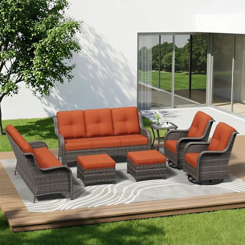 Image of 7 Piece Outdoor Wicker Patio Furniture Set, Outdoor Swivel Rocker Patio Chairs Set with Thickened Olefin Cushions, High Back and Deep Seating, Hand-Woven PE Rattan for Porch, Deck