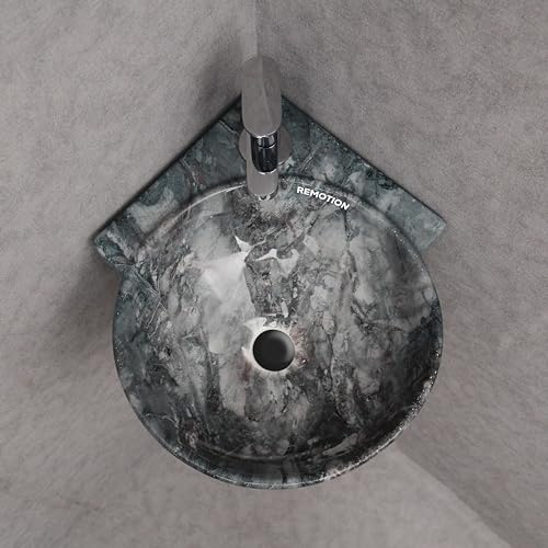 Image of REMOTION Wall Mounted Wash Basin for Bathroom | Wall Hung Corner Sink | Ceramic Round Wall Hung Wash Basin | Wall Hung Small Corner Basin (16.3 x 13.8 x 4.3 Inch) (Marble Blue)