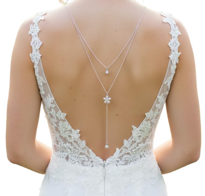 Générique Collier de dos pour mariée, double chaine de dos et fleur zircon argenté, bijoux mariage
