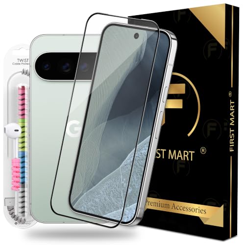 Image of FIRST MART Tempered Glass for Google Pixel 11 Pro, 9H 0.3 mm Full-Glue Screen Protector with Cable Protector, 3D Edge-to-Edge, HD Clear, Case-Friendly, Black, Pack of 1