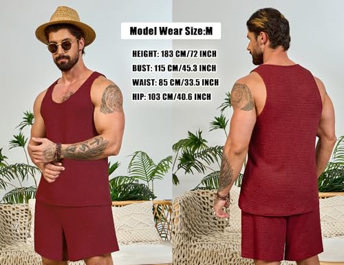 Image of Mens Waffle Shorts Sets 2 Piece Outfits Sleeveless Summer Beach Tank Tops and Shorts Casual Loungewear Sets Suits