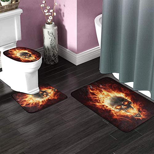 RedBeans Anti-Rutsch-Badteppich-Set, 3-teilig, Flanell-Badezimmerteppich, Feuerschädel, flammende Totenköpfe, weicher WC…