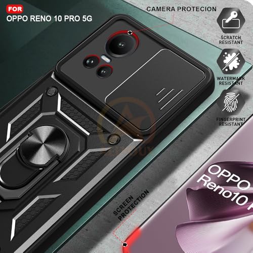 Image of Armor Bumper Back Cover Case for Oppo Reno 10 /10 Pro 5G Rotating Camera Cover, Ring Holder & Kickstand | Heavy Duty & 360 Degree Protection Oppo Reno 10 /10 Pro 5G Back Cover (Black)