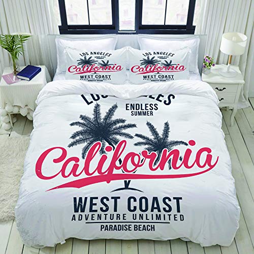 YOUMEISU Parure de lit avec Housse de Couette en Microfibre,Typographie Californie, Los Angeles,Sets de Housse de Couette 220x240cm+2 taie d'oreiller 50x75cm Cover