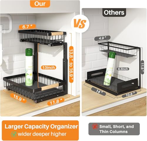 Image of PXRACK Under Sink Organizer, Adjustable Height, 2 Tier Pull Out Under Cabinet Organizer, Slide Out Thickened Metal Under Sink Storage for Kitchen Bathroom Laundry Pantry Cabinet, Black, Large-2-Pack