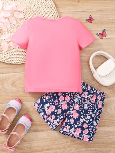 Image of Floerns Girl's Two Piece Outfit Floral Print Short Sleeve Tee Shirt and Shorts Set