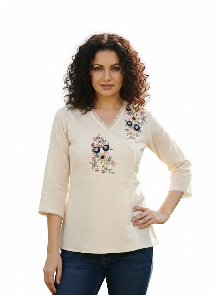 yoella Women's Khadi Cotton Hand Embroidered Top, Off-White Floral V-Neck Tunic with 3/4 Sleeves, Casual Indo-Western Blouse for Summer-picture-41