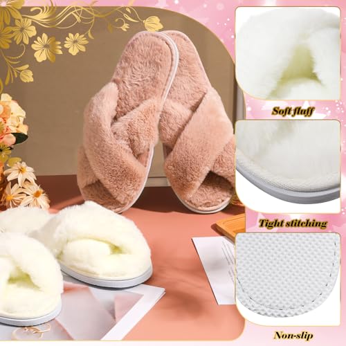 Image of JenPen 7 Pairs Bridesmaids Slippers Women's Cross Band Fuzzy Bachelorette Party Slippers for Wedding Bridal Party