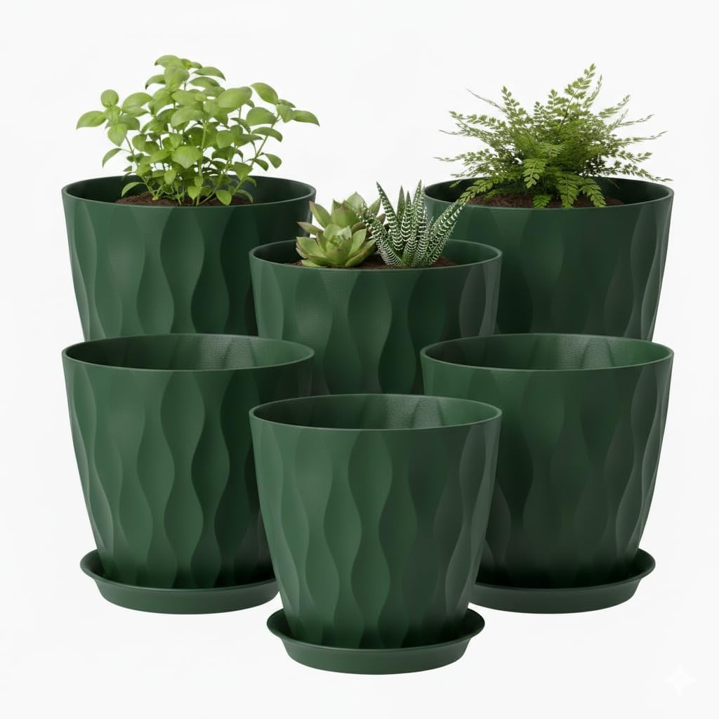 Plant Pots 8 Inch, 6 Pack Plastic Flower Pots for Indoor & Outdoor Plants, Planters with Drainage Holes and Saucer, Garden Pot for Plants (White)
