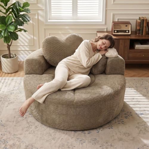 Image of Trustyue Boneless Couch,Comfy Fluffy Sofa Bed,Upholstered Sleeper Sofa with Cup Holder and Throw Pillows,Corduroy Plush Cloud Lounge Chair (Brown, Waffle Polyester)
