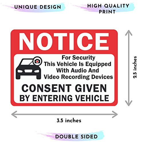 Image of 6-Pack Double Sided 3.5 inchx2.5 inch- Notice Vehicle is Equipped With Audio And Video Recording Devices Consent By Entering Car Sticker-Double Sided Vinyl Decal, UV Protected, Waterproof, Indoor&Outdoor Use