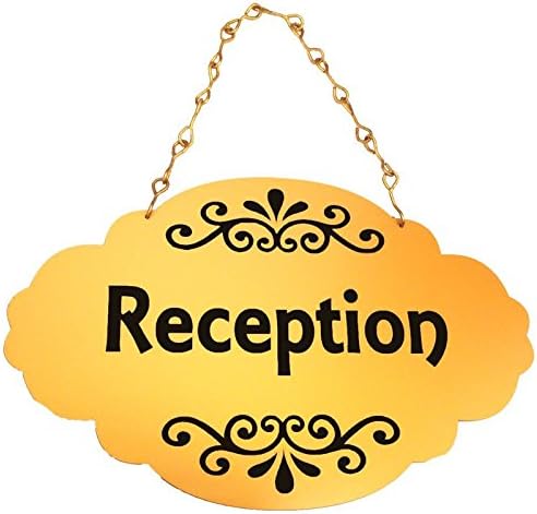 Office Sign Board - Reception, Engraved on Gold Acrylic Sheet Along with a Metallic Chain - 11.5" x 0.6" x 7.5"