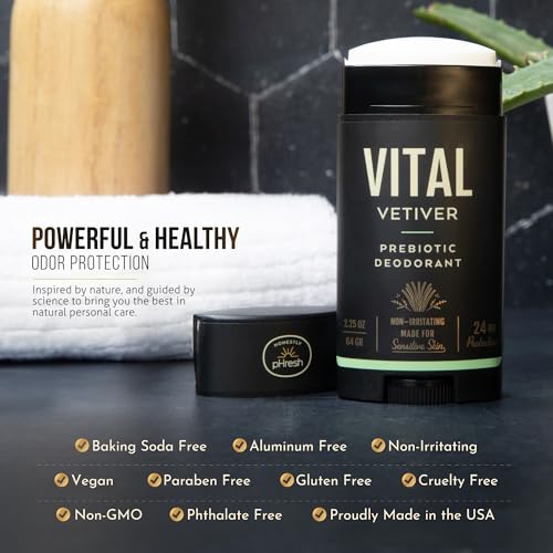 Image of Honestly pHresh Prebiotic Natural Deodorant for Men - Aluminum & Baking Soda Free with 24 Hour Odor Protection. Clean Vegan Deodorant for Sensitive Skin. Made In USA - Vital Vetiver Scent, 2.5 oz