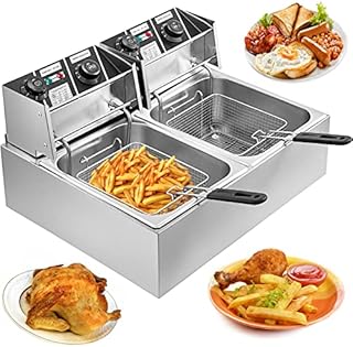 Electric Deep Fat Fryer LargeStainless Steel Chip Pans with Basket and Lid, Commercial Chip Fryers with Dual Tank 12L 2500W x 2