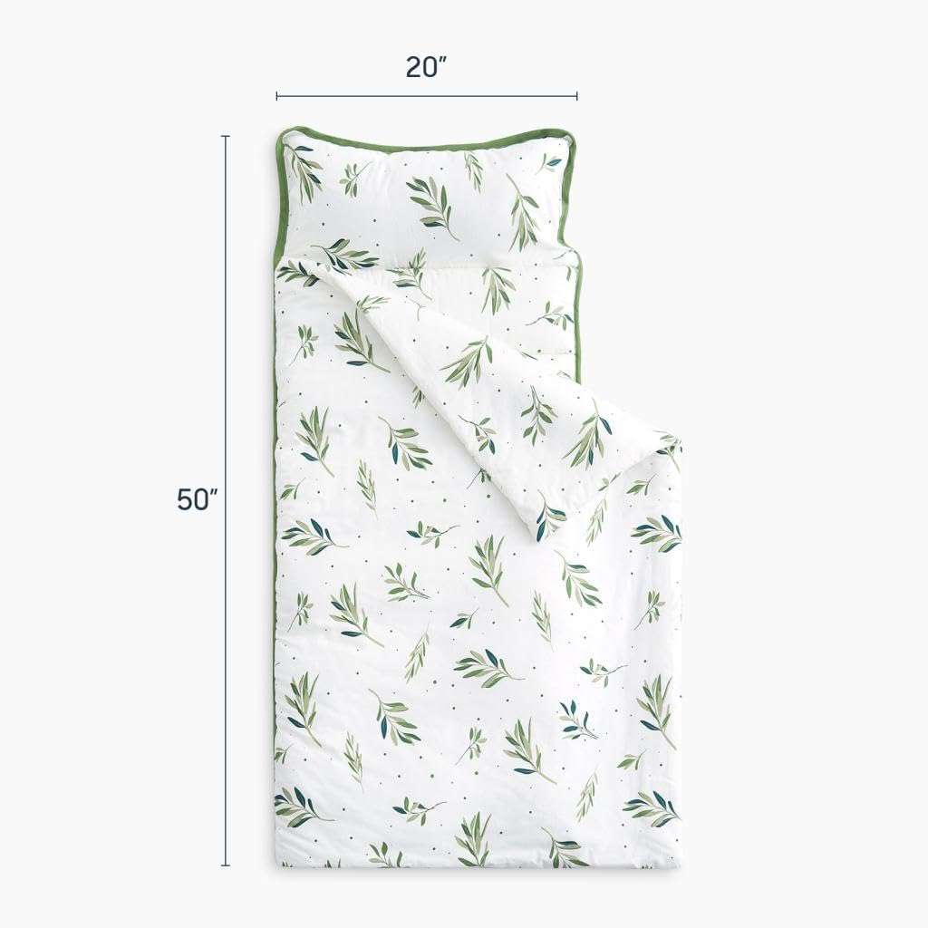 Wake In Cloud - Toddler Nap Mat with Pillow and Blanket, 100% Cotton Fabric, for Kids Girls in Daycare Kindergarten Preschool, Floral Botanical Flowers, White Green, Standard - Image 2