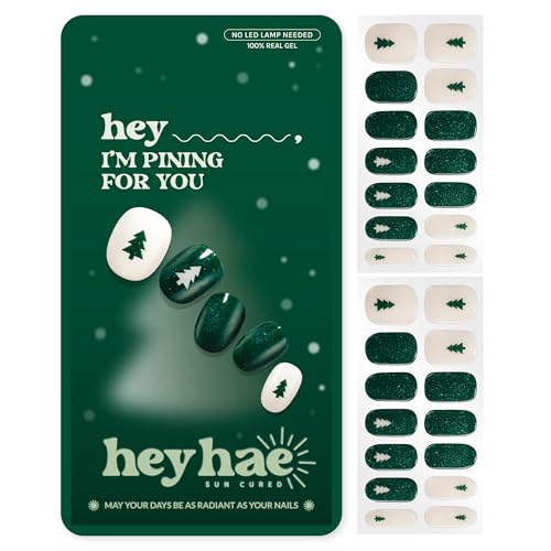 Heyhae Semi Cured Gel Nail Strips | No LED Lamp Needed | Glitter Green | Easy Apply & Remove Salon Quality | Includes 28 Strips 1 Prep Pads Nail File & Wooden Stick - Hey Im Pining for You