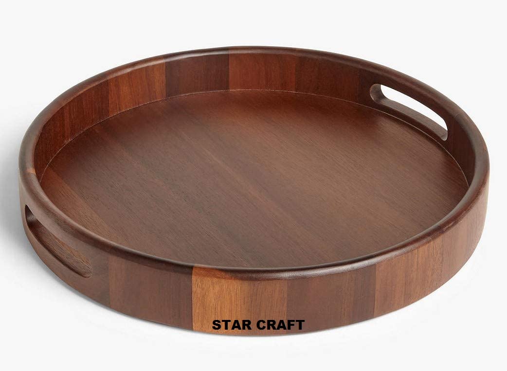 STAR CRAFT Juego de bandejas redondas de madera hechas a mano de madera dura para servir para cocina, mesa de comedor, bandeja multipurpuose (natural)