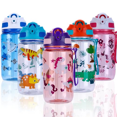 SUPPRUI Cantimplora infantil, 600 ml, botella de agua infantil con pajita, sin BPA, botella de agua deportiva con tapa abatible a prueba de fugas para niñas y niños (unicornio morado)
