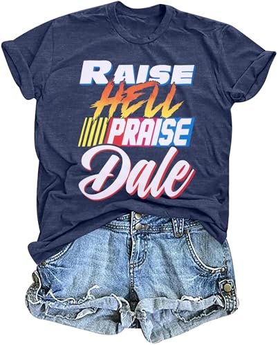 FASHGL Raise Hell Praise Dale Shirt Women Racing T-Shirt Vintage Tee Race Day Casual Short Sleeve Tops Navy Blue