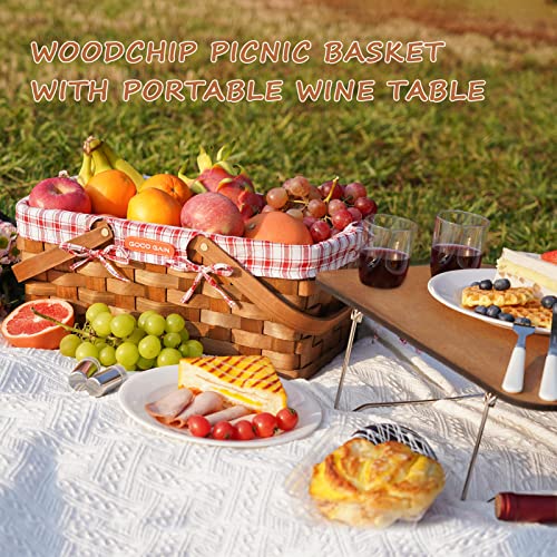 Woodchip Picnic Basket For 4 With Portable Wine Table, Woven Basket With Double Swing Handles & Removable Cutlery Service Kit, Large Basket For Picnic, Camping, Family, Wedding Gifts For Couple,Red #TOP1