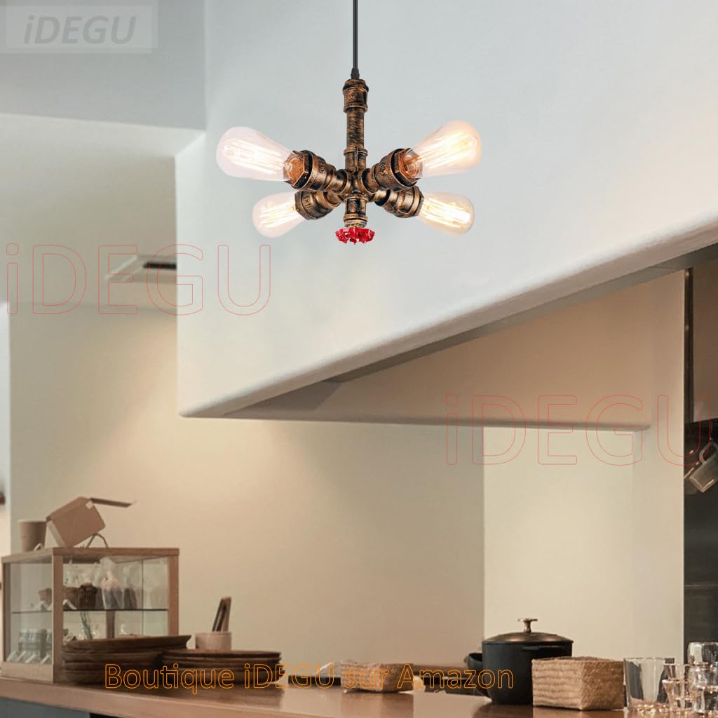 iDEGU Wasserrohr Pendelleuchte Rohr Industrielle Hängeleuchte 4 Lichter Hängelampe E27 Sockel pendellampe – 22CM, Farbe: Rost